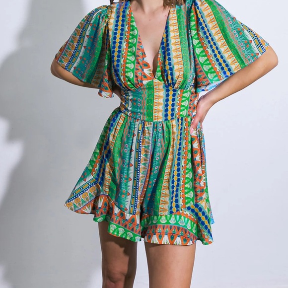 Flying Tomato Pants - NWT Flying Tomato Green and Blue Patterned Romper Size L